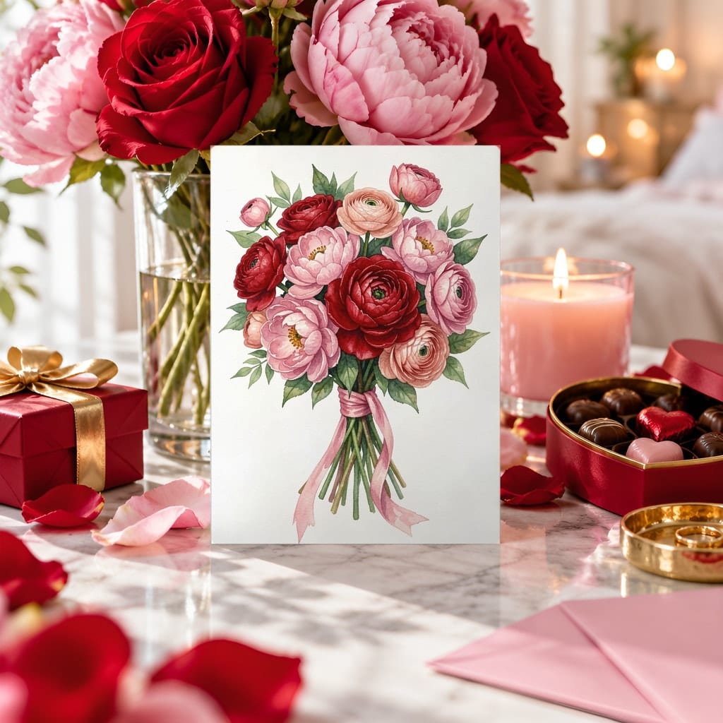 Valentines Card Mockup Bundle — 20 Red and Pink 5x7 Greeting Card PSD Mockups — first mockup scene from the pack