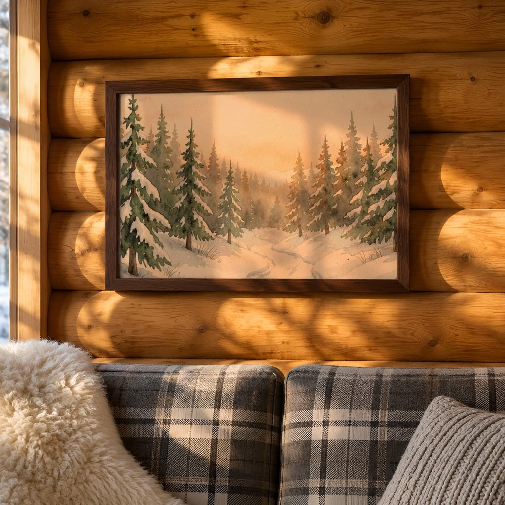 Horizontal Frame Mockup Bundle — 20 Winter Log Cabin Wall Art PSD Mockups — first mockup scene from the pack