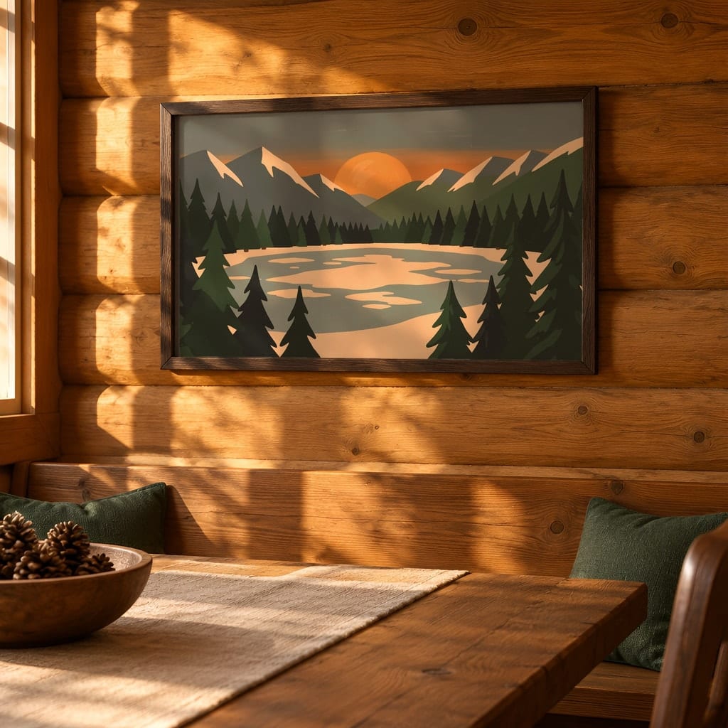 Horizontal Frame Mockup Bundle — 20 Winter Log Cabin Wall Art PSD Mockups: mockup scene 10 of 20
