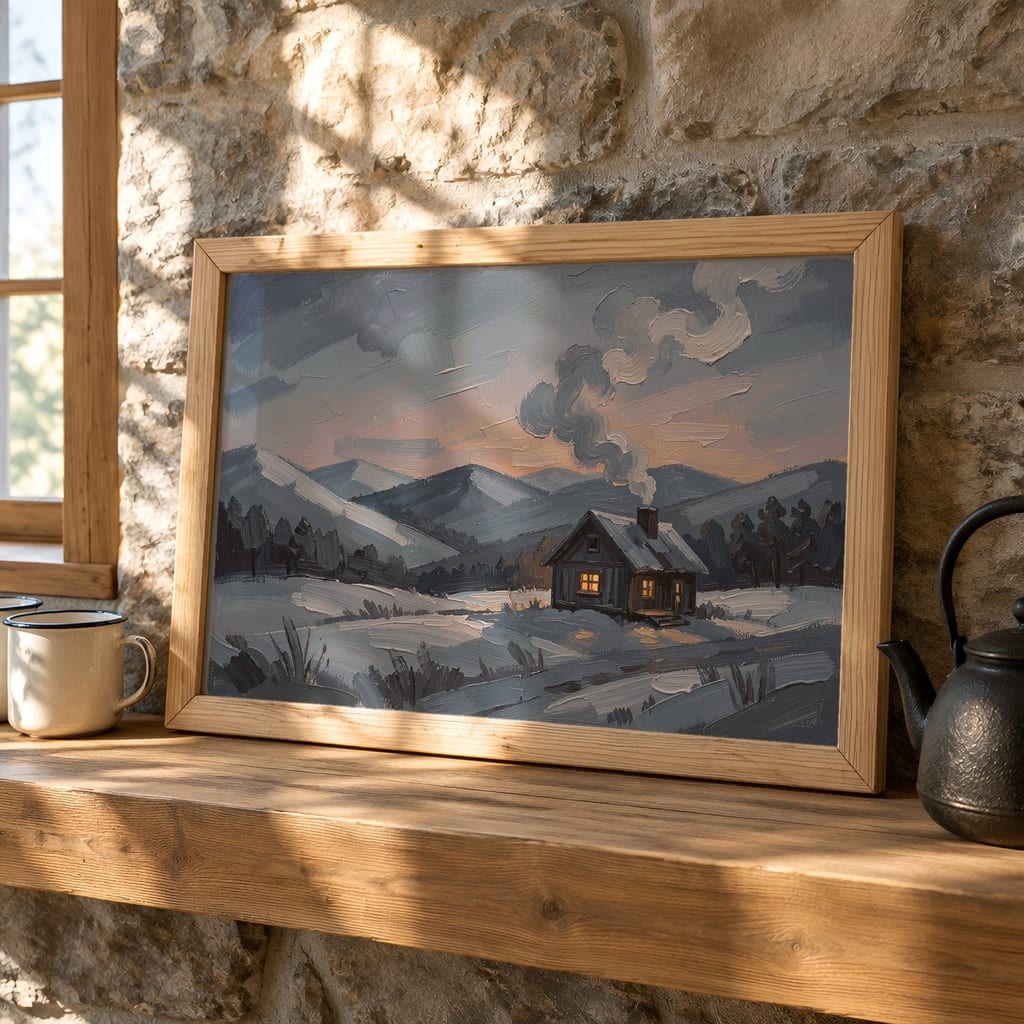 Horizontal Frame Mockup Bundle — 20 Winter Log Cabin Wall Art PSD Mockups: mockup scene 11 of 20