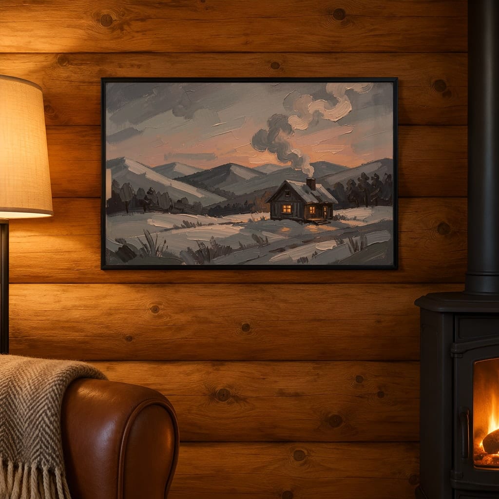 Horizontal Frame Mockup Bundle — 20 Winter Log Cabin Wall Art PSD Mockups: mockup scene 12 of 20