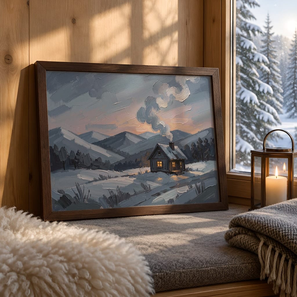 Horizontal Frame Mockup Bundle — 20 Winter Log Cabin Wall Art PSD Mockups: mockup scene 13 of 20