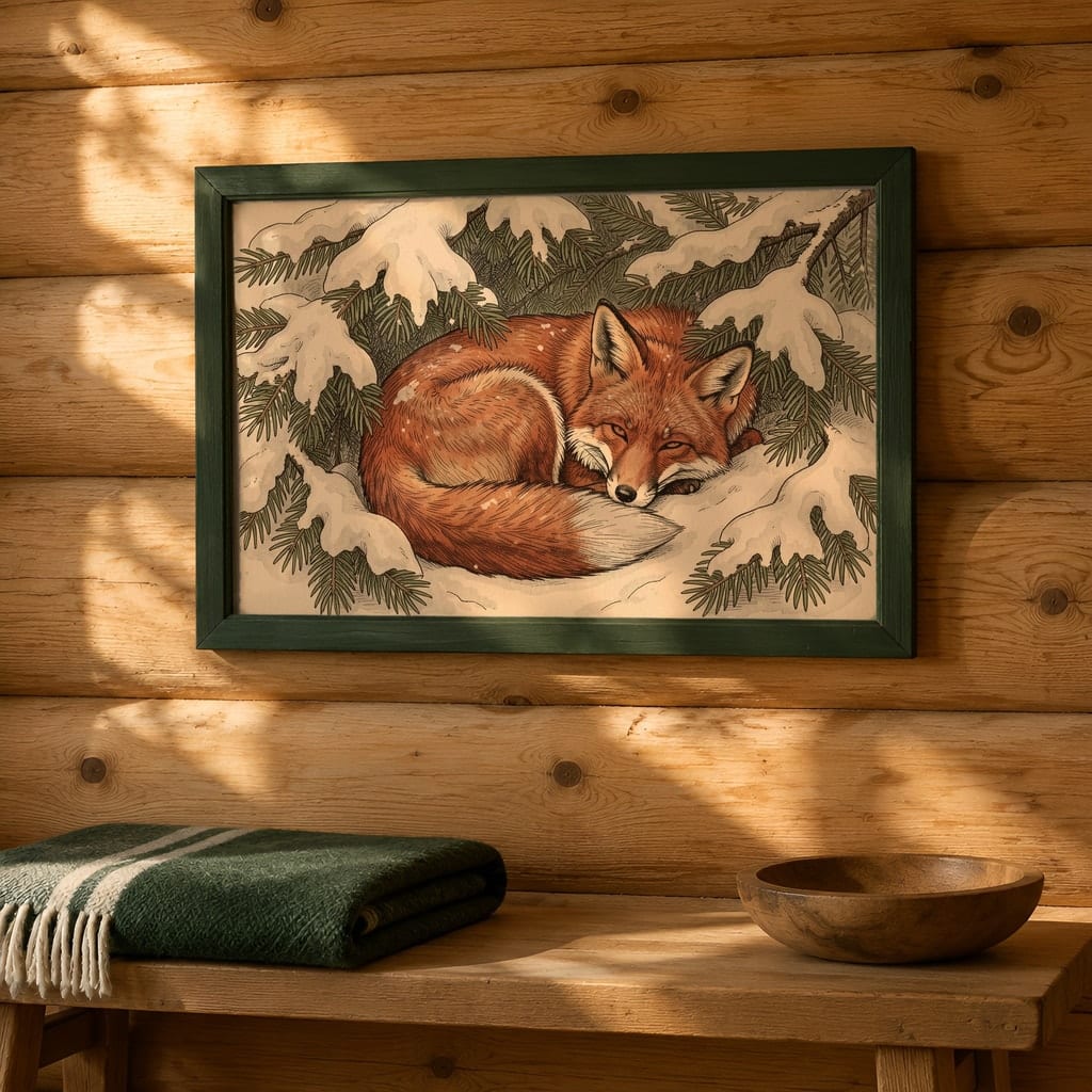 Horizontal Frame Mockup Bundle — 20 Winter Log Cabin Wall Art PSD Mockups: mockup scene 14 of 20