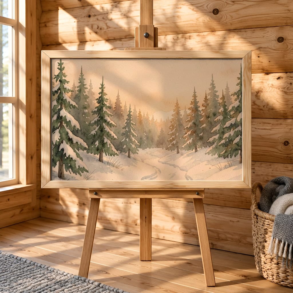 Horizontal Frame Mockup Bundle — 20 Winter Log Cabin Wall Art PSD Mockups: mockup scene 17 of 20