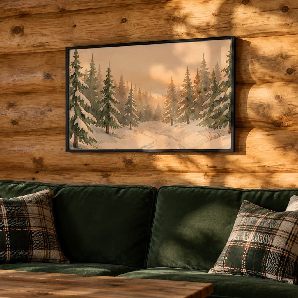 Horizontal Frame Mockup Bundle — 20 Winter Log Cabin Wall Art PSD Mockups: mockup scene 18 of 20
