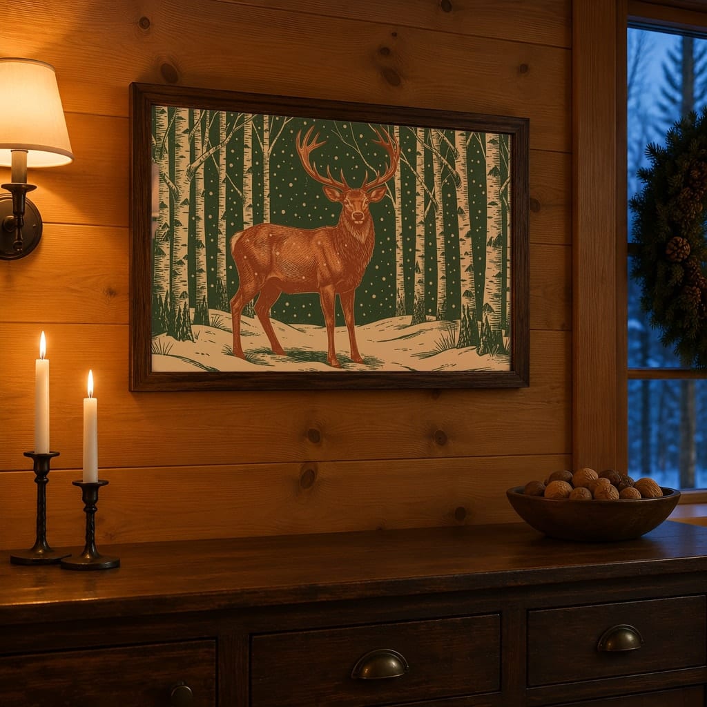 Horizontal Frame Mockup Bundle — 20 Winter Log Cabin Wall Art PSD Mockups: mockup scene 19 of 20