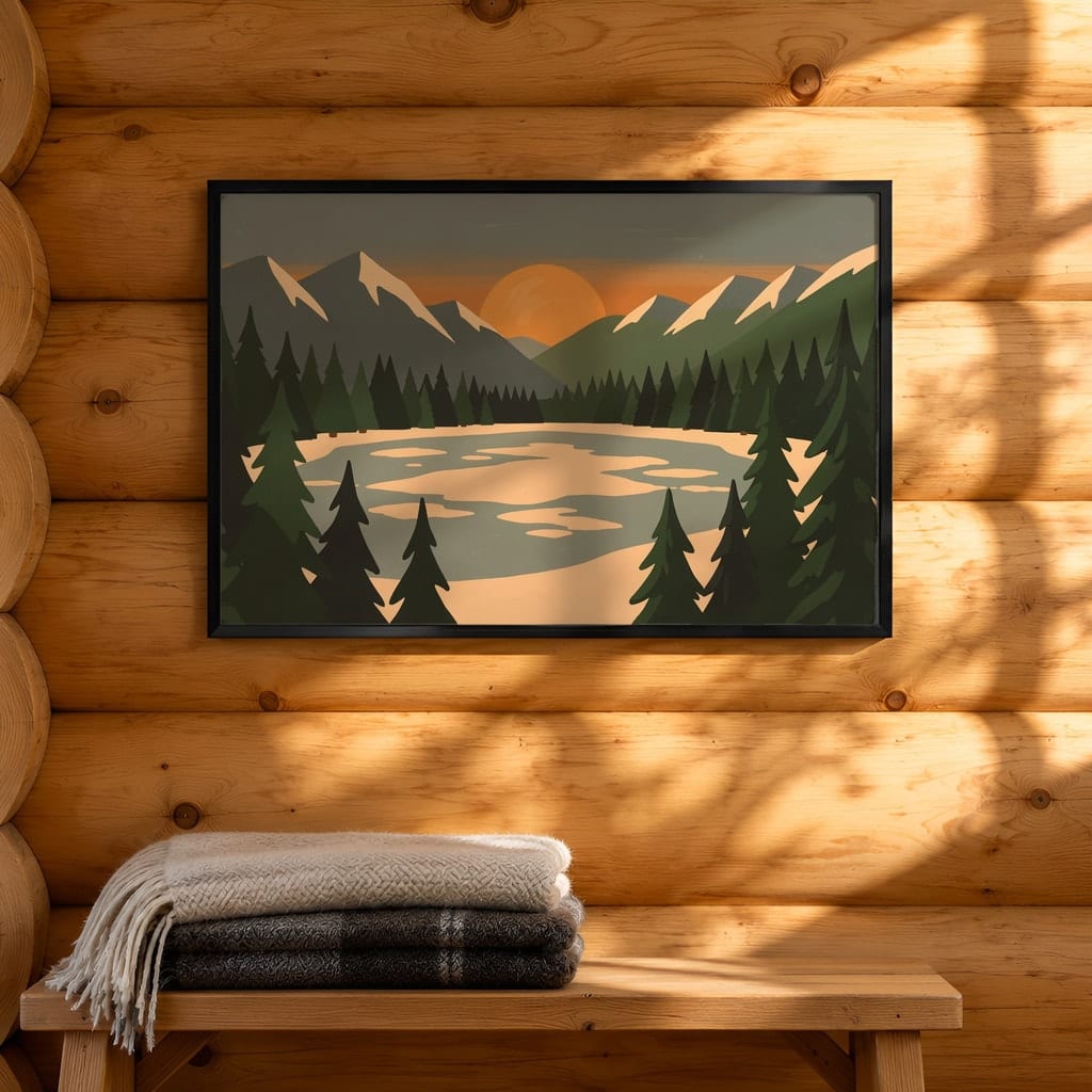 Horizontal Frame Mockup Bundle — 20 Winter Log Cabin Wall Art PSD Mockups: mockup scene 2 of 20