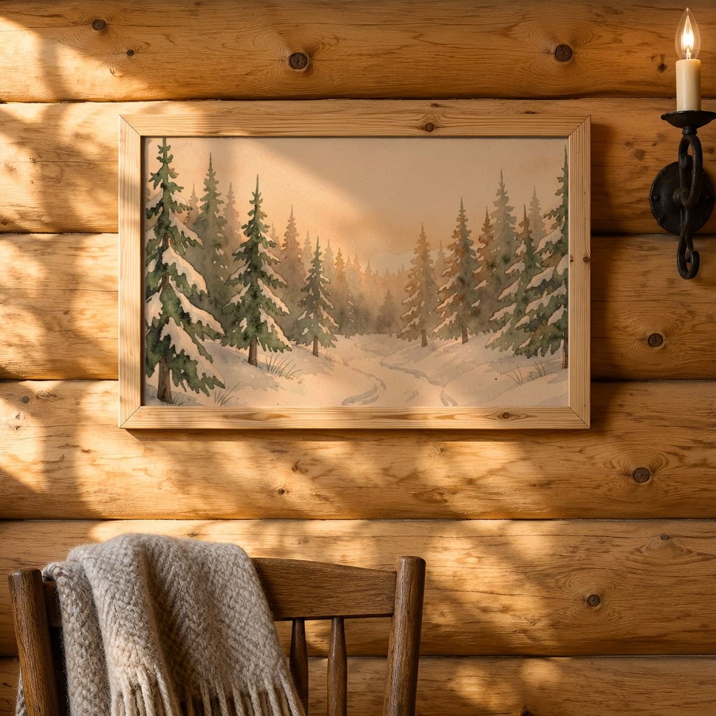 Horizontal Frame Mockup Bundle — 20 Winter Log Cabin Wall Art PSD Mockups: mockup scene 20 of 20
