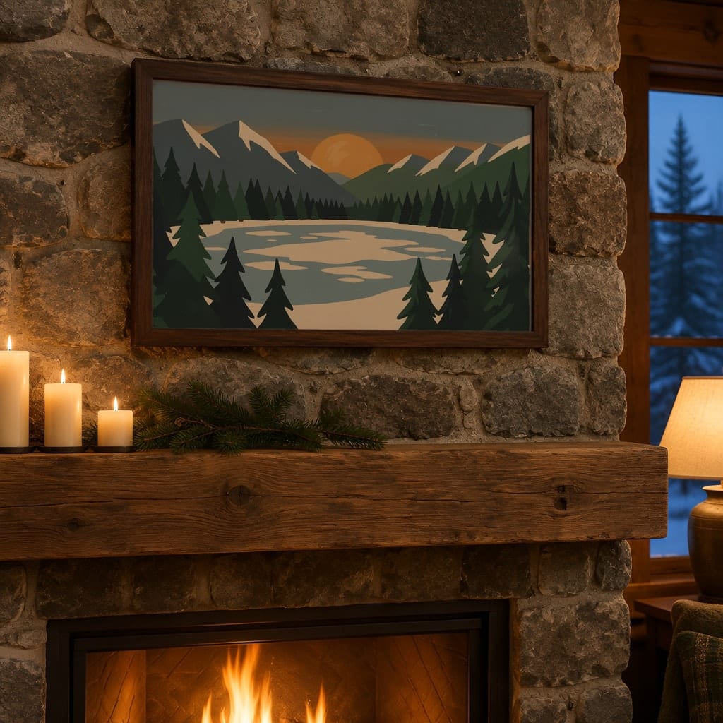 Horizontal Frame Mockup Bundle — 20 Winter Log Cabin Wall Art PSD Mockups: mockup scene 3 of 20