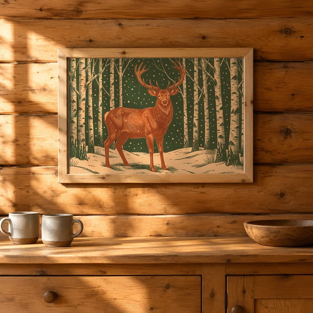 Horizontal Frame Mockup Bundle — 20 Winter Log Cabin Wall Art PSD Mockups: mockup scene 4 of 20