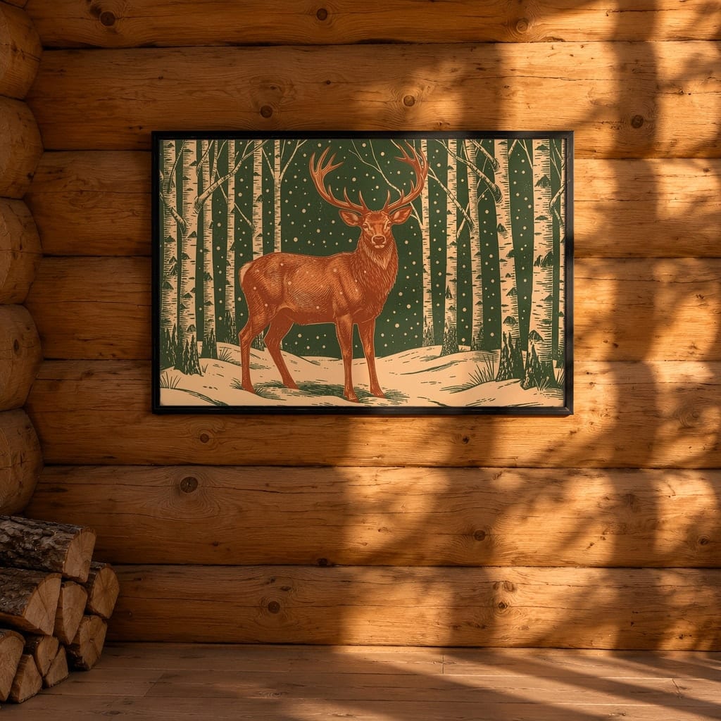 Horizontal Frame Mockup Bundle — 20 Winter Log Cabin Wall Art PSD Mockups: mockup scene 6 of 20