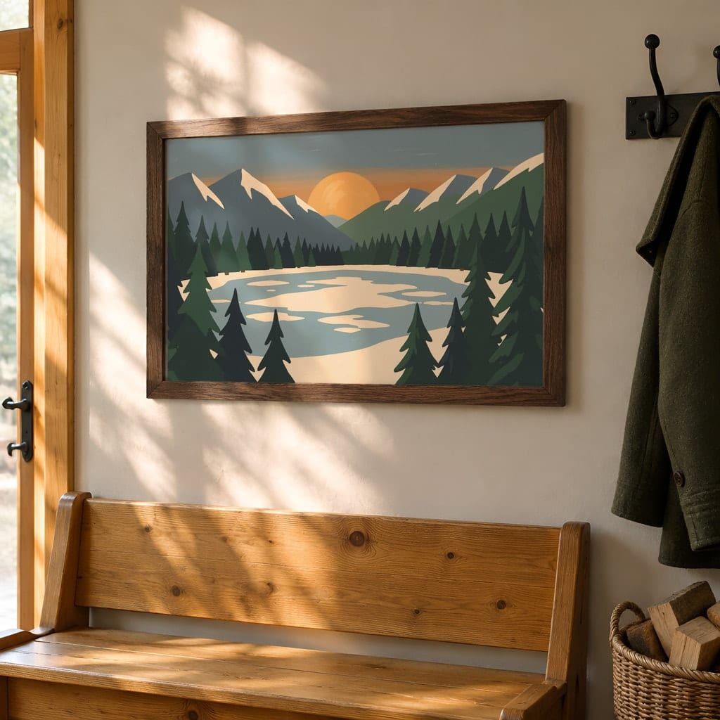 Horizontal Frame Mockup Bundle — 20 Winter Log Cabin Wall Art PSD Mockups: mockup scene 7 of 20