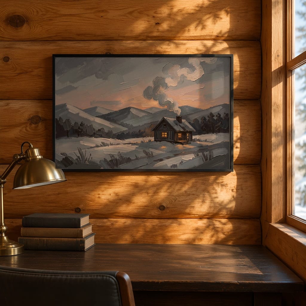 Horizontal Frame Mockup Bundle — 20 Winter Log Cabin Wall Art PSD Mockups: mockup scene 8 of 20
